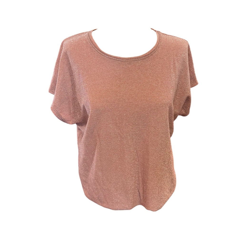 Altar'd State Womens Rose Gold Pink Shimmer Lurex Knit Top Short Sleeve Medium